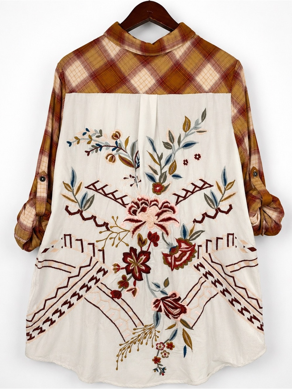 Karyn Seo NWT Embroidered Plaid Tunic L Velvet Back Boho Floral